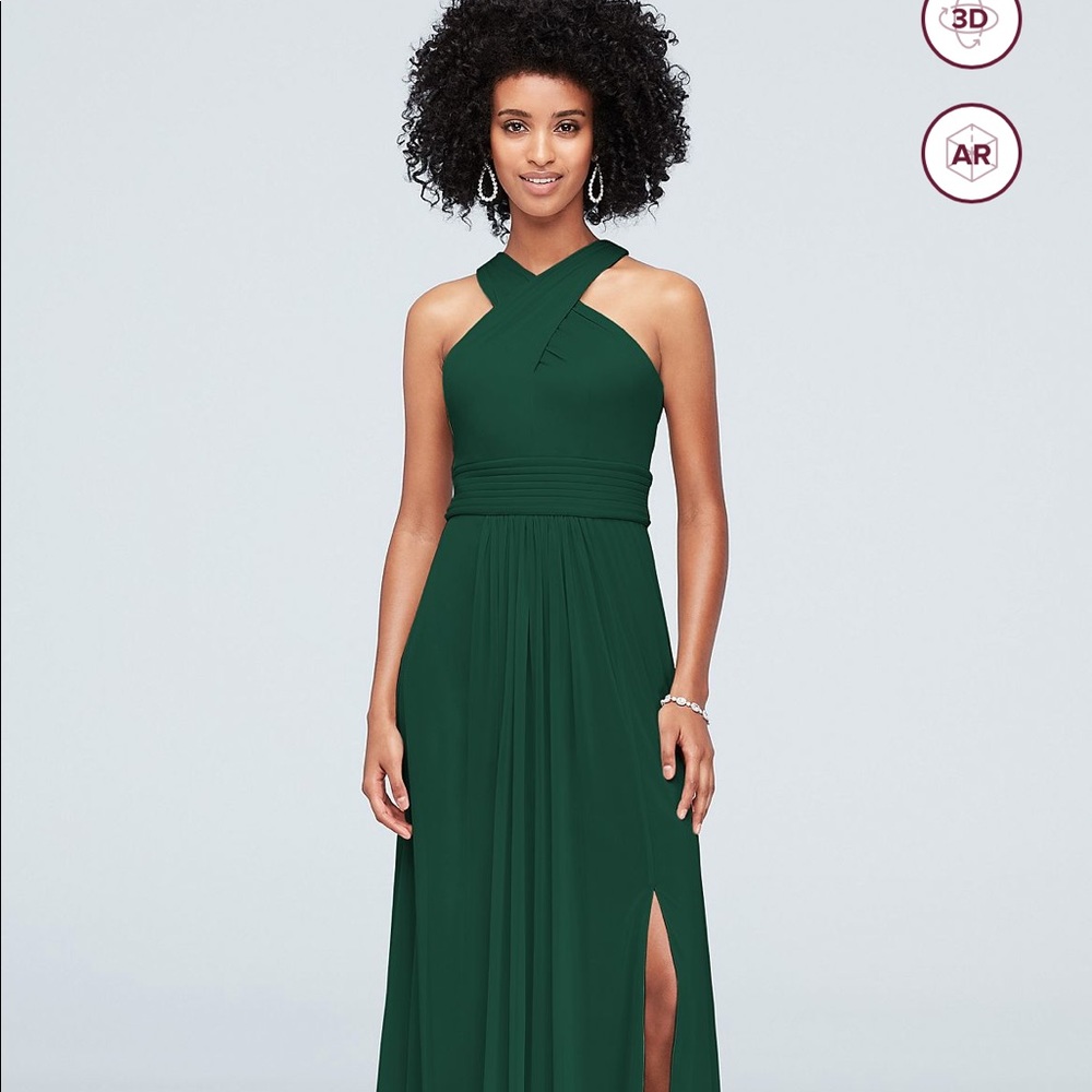David’s Bridal Crisscross High-Neck Mesh Bridesmaid Dress in Emerald